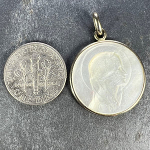 French Virgin Mary Mother of Pearl 18K White Gold Medal Pendant