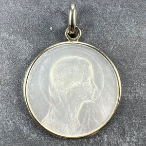 French Virgin Mary Mother of Pearl 18K White Gold Medal Pendant