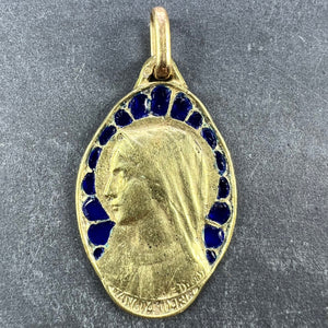 French Dropsy Virgin Mary Plique A Jour Enamel 18K Yellow Gold Pendant Medal