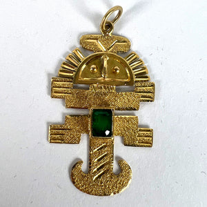 Vintage Aztec Inca God Icon 18K Yellow Gold Emerald Charm Pendant