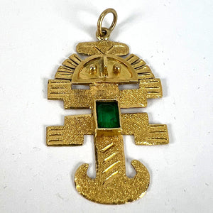 Vintage Aztec Inca God Icon 18K Yellow Gold Emerald Charm Pendant