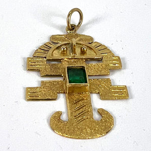 Vintage Aztec Inca God Icon 18K Yellow Gold Emerald Charm Pendant