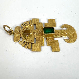 Vintage Aztec Inca God Icon 18K Yellow Gold Emerald Charm Pendant