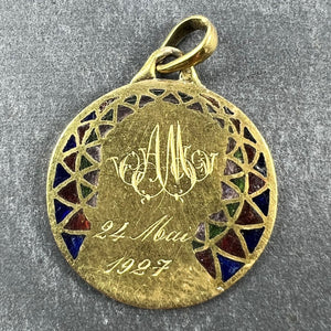 French E Dropsy Virgin Mary Plique A Jour Enamel 18K Yellow Gold Pendant Medal