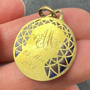 French E Dropsy Virgin Mary Plique A Jour Enamel 18K Yellow Gold Pendant Medal