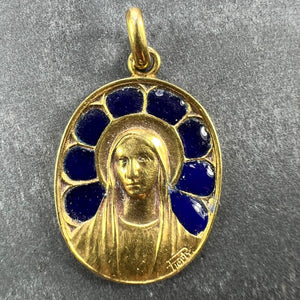 French Pierly Virgin Mary Plique A Jour Enamel 18K Yellow Gold Pendant Medal