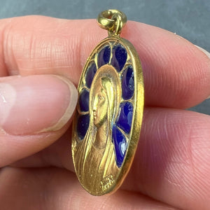 French Pierly Virgin Mary Plique A Jour Enamel 18K Yellow Gold Pendant Medal