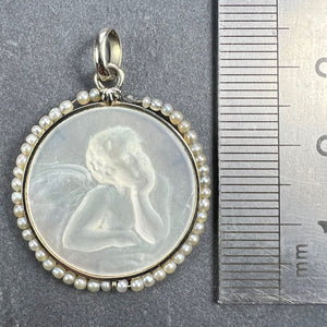 French Mother of Pearl Rafael’s Cherub 18K White Gold Seed Pearl Medal Pendant