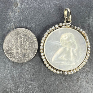 French Mother of Pearl Rafael’s Cherub 18K White Gold Seed Pearl Medal Pendant