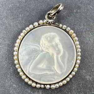 French Mother of Pearl Rafael’s Cherub 18K White Gold Seed Pearl Medal Pendant