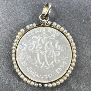 French Mother of Pearl Rafael’s Cherub 18K White Gold Seed Pearl Medal Pendant