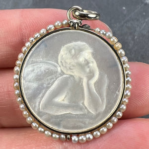 French Mother of Pearl Rafael’s Cherub 18K White Gold Seed Pearl Medal Pendant