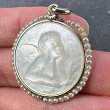 Load image into Gallery viewer, French Mother of Pearl Rafael’s Cherub 18K White Gold Seed Pearl Medal Pendant
