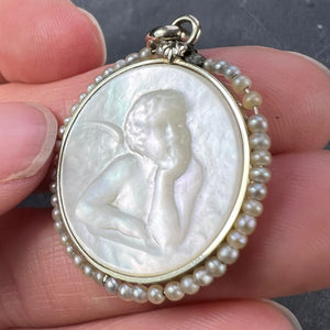 French Mother of Pearl Rafael’s Cherub 18K White Gold Seed Pearl Medal Pendant