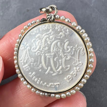 Load image into Gallery viewer, French Mother of Pearl Rafael’s Cherub 18K White Gold Seed Pearl Medal Pendant

