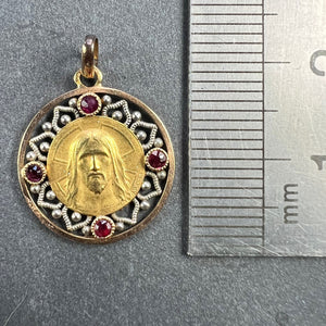 French Vernon Jesus Christ 18K Yellow Gold Ruby Charm Medal Pendant