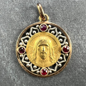 French Vernon Jesus Christ 18K Yellow Gold Ruby Charm Medal Pendant