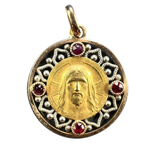 French Vernon Jesus Christ 18K Yellow Gold Ruby Charm Medal Pendant