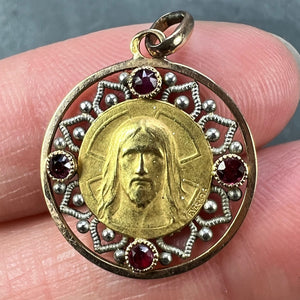 French Vernon Jesus Christ 18K Yellow Gold Ruby Charm Medal Pendant