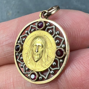 French Vernon Jesus Christ 18K Yellow Gold Ruby Charm Medal Pendant