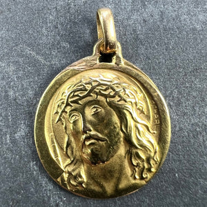 French Charl 18K Yellow Gold Jesus Christ Crown of Thorns Medal Charm Pendant