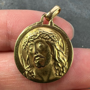 French Charl 18K Yellow Gold Jesus Christ Crown of Thorns Medal Charm Pendant