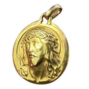 French Charl 18K Yellow Gold Jesus Christ Crown of Thorns Medal Charm Pendant