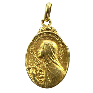 French Becker 18K Yellow Gold St Therese Charm Medal Pendant