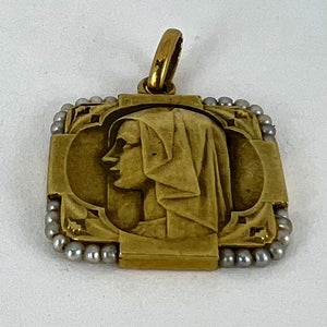 French Virgin Mary 18K Yellow Gold Pearl Charm Pendant