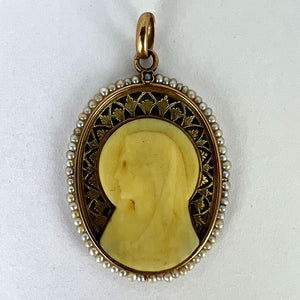 French 18K Yellow Gold Seed Pearl Bakelite Virgin Mary Charm Pendant