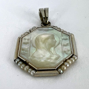 French Virgin Mary Mother of Pearl 18K White Gold Pearl Charm Pendant