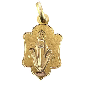 French Virgin Mary 18K Yellow Gold Antique Engraved Charm Pendant Medal