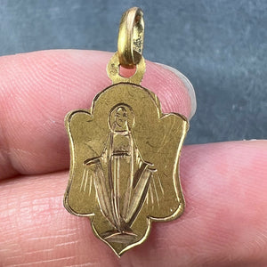 French Virgin Mary 18K Yellow Gold Antique Engraved Charm Pendant Medal