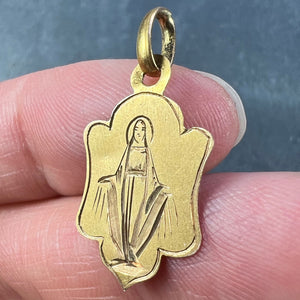 French Virgin Mary 18K Yellow Gold Antique Engraved Charm Pendant Medal