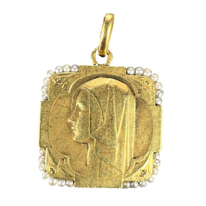 French Virgin Mary 18K Yellow Gold Pearl Charm Pendant