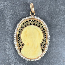 Load image into Gallery viewer, French 18K Yellow Gold Seed Pearl Bakelite Virgin Mary Charm Pendant
