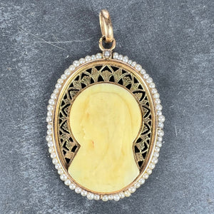 French 18K Yellow Gold Seed Pearl Bakelite Virgin Mary Charm Pendant