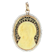 Load image into Gallery viewer, French 18K Yellow Gold Seed Pearl Bakelite Virgin Mary Charm Pendant
