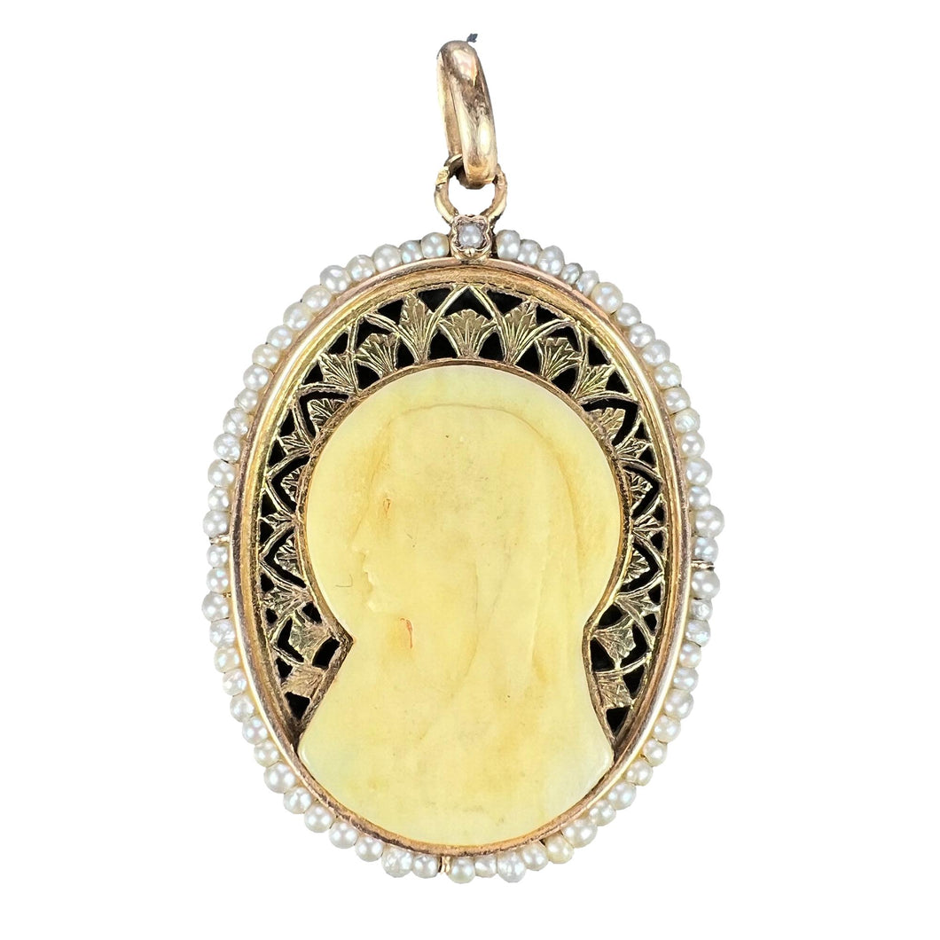 French 18K Yellow Gold Seed Pearl Bakelite Virgin Mary Charm Pendant