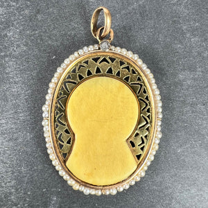 French 18K Yellow Gold Seed Pearl Bakelite Virgin Mary Charm Pendant