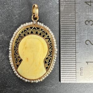 French 18K Yellow Gold Seed Pearl Bakelite Virgin Mary Charm Pendant