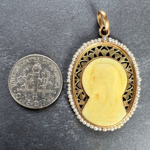 French 18K Yellow Gold Seed Pearl Bakelite Virgin Mary Charm Pendant