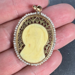 French 18K Yellow Gold Seed Pearl Bakelite Virgin Mary Charm Pendant