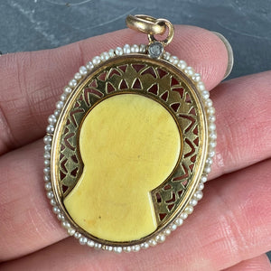 French 18K Yellow Gold Seed Pearl Bakelite Virgin Mary Charm Pendant