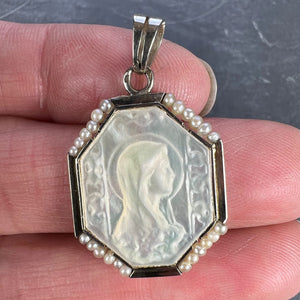 French Virgin Mary Mother of Pearl 18K White Gold Pearl Charm Pendant