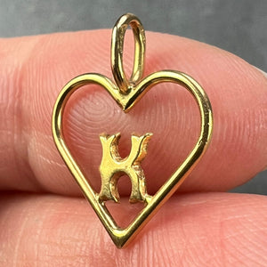 French 18K Yellow Gold Love Heart Initial K Charm Pendant