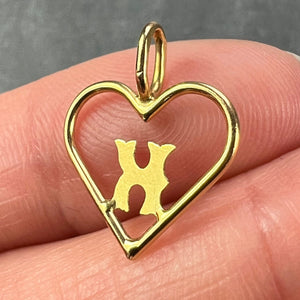 French 18K Yellow Gold Love Heart Initial K Charm Pendant