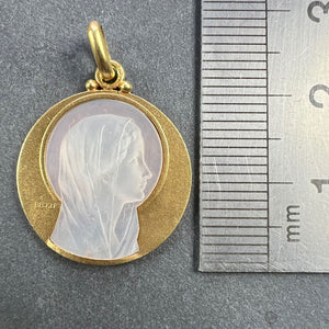 French Becker Virgin Mary Mother of Pearl 18K Yellow Gold Charm Pendant