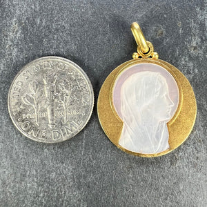 French Becker Virgin Mary Mother of Pearl 18K Yellow Gold Charm Pendant