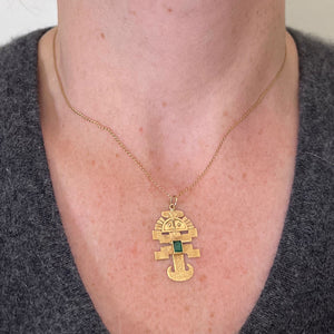 Vintage Aztec Inca God Icon 18K Yellow Gold Emerald Charm Pendant